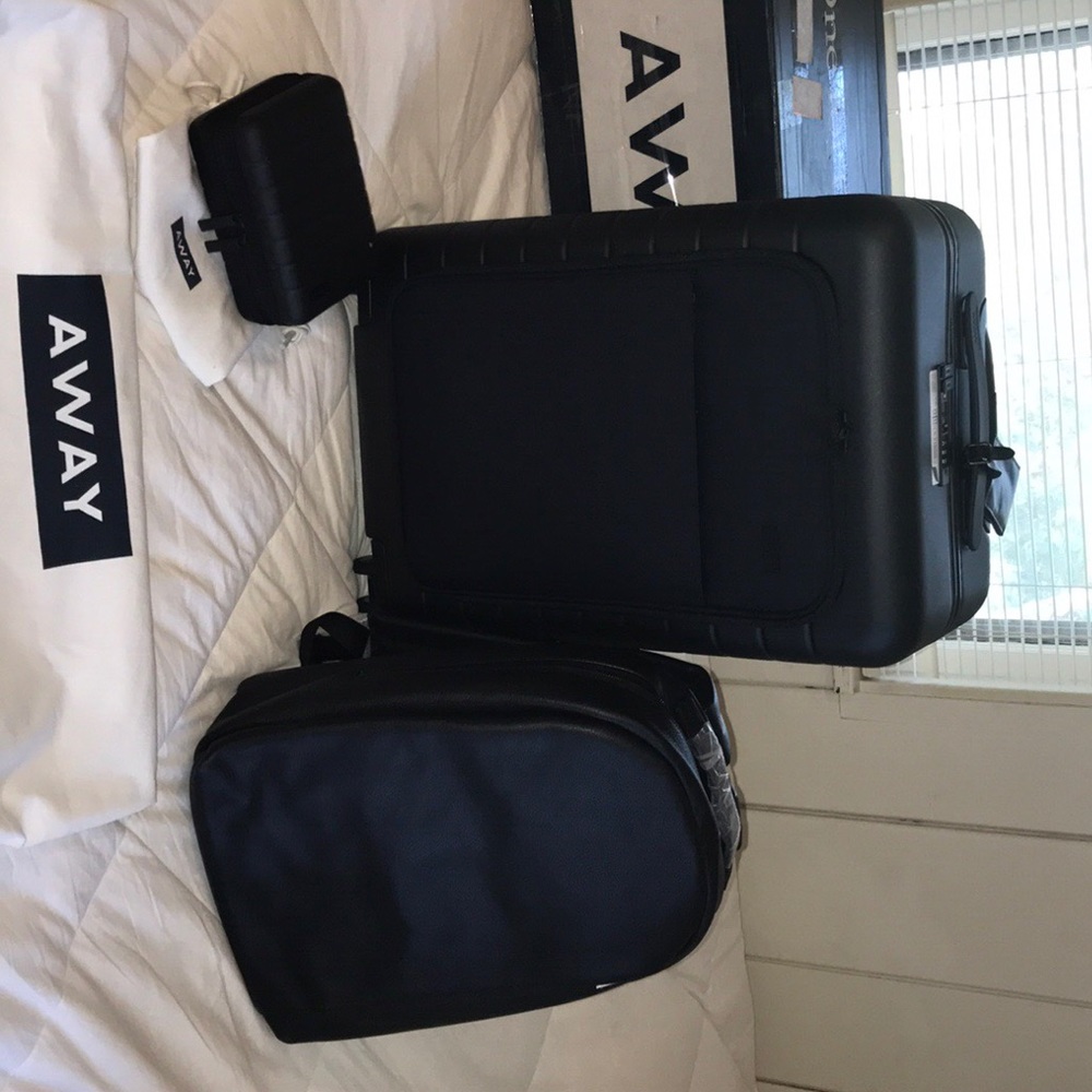 Away Black Leather Backpack and Mini Toiletry Only